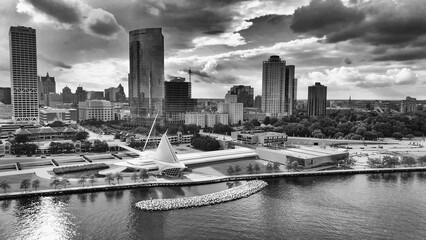 Fototapeta premium Milwaukee, WI - July 29, 2024: Aerial view of Milwaukee skyline from Lake Michigan, Wisconsin - USA