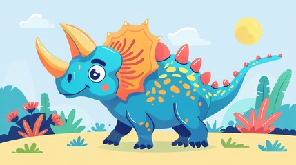 Create a illustration of a Triceratops defending its nestin a kawaii style, simplified to feature fewer elements for a cleaner look, Use a color palette that is appealing to children, with brig