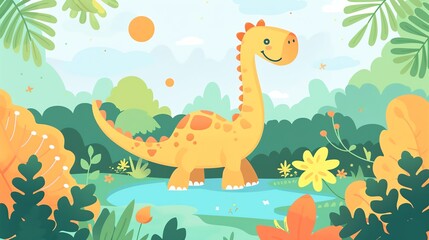 Create a illustration of a Brachiosaurus grazing on tall treesin a kawaii style, simplified to feature fewer elements for a cleaner look, Use a color palette that is appealing to children, with