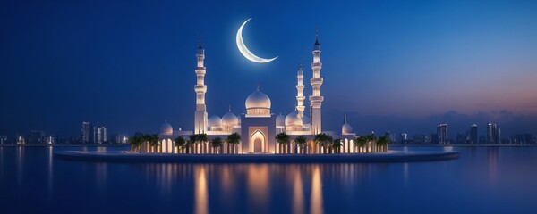 Fototapeta premium Majestic mosque illuminated by moonlight over calm waters at dusk