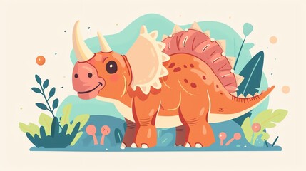 Fototapeta premium Create a illustration of a Triceratops defending its nestin a kawaii style, simplified to feature fewer elements for a cleaner look, Use a color palette that is appealing to children, with brig