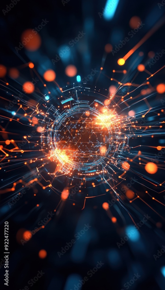 Fototapete Futuristic digital technology concept with glowing orange and blue neural network connections in a dark background, representing artificial intelligence.