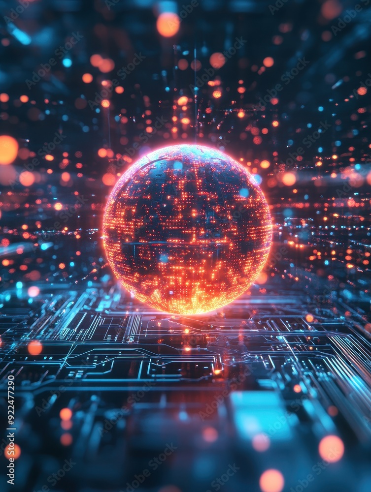 Leinwandbilder Futuristic digital sphere glowing with data connections on a circuit board background, symbolizing advanced technology and innovation.