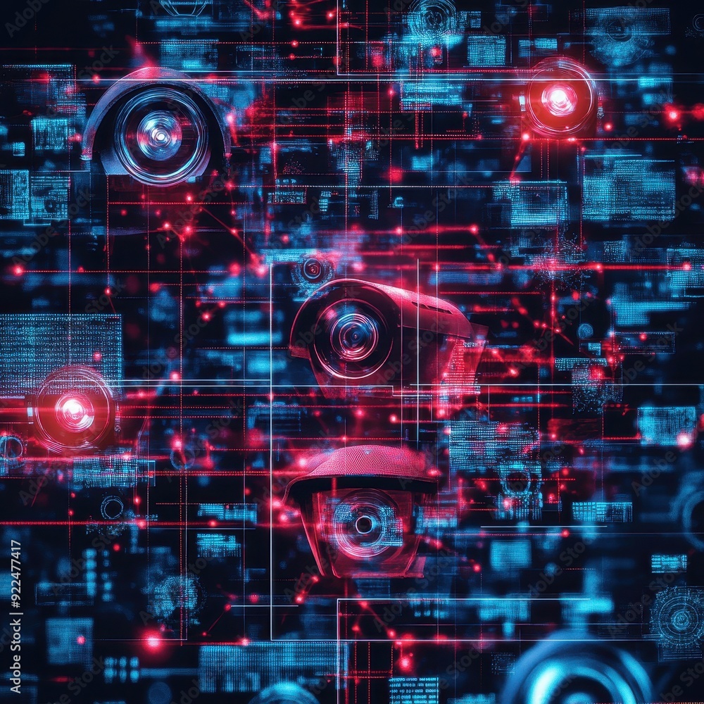 Poster Futuristic digital security system concept with interconnected surveillance cameras and data visualization.