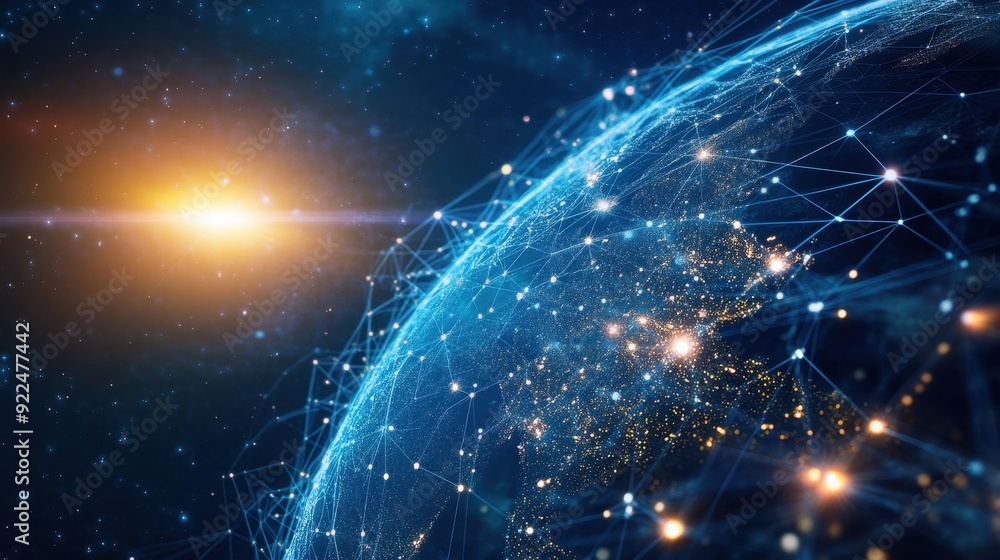 Leinwandbilder futuristic digital representation of earth with connected points and a glowing sun in the background