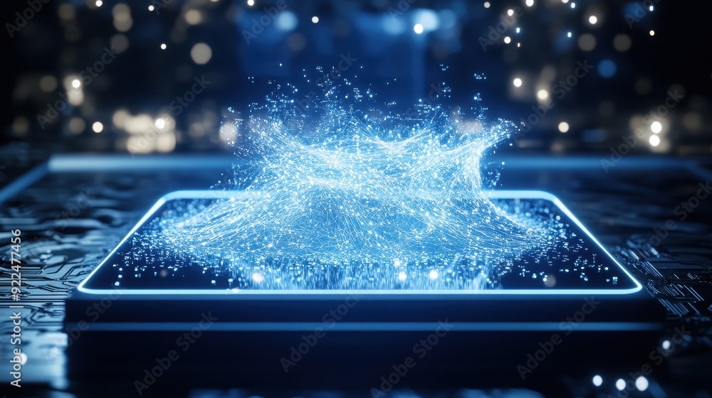 Poster futuristic digital representation of data and technology on a glowing tablet in a high-tech environm