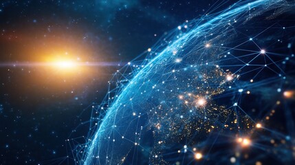 Futuristic digital representation of Earth with connected points and a glowing sun in the background, highlighting global connectivity.