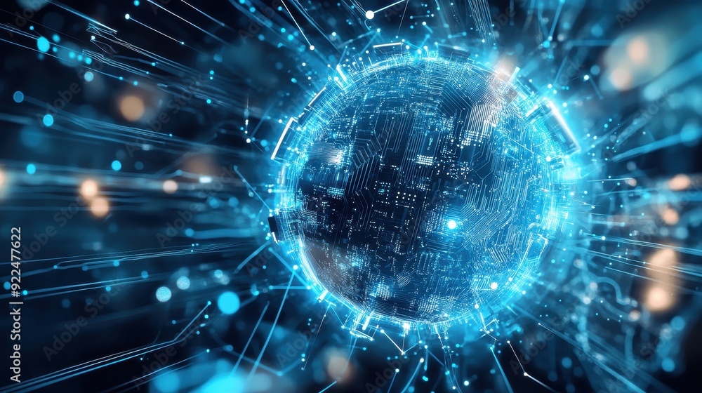 Poster futuristic digital network with glowing blue connections and circuit-like patterns, representing adv