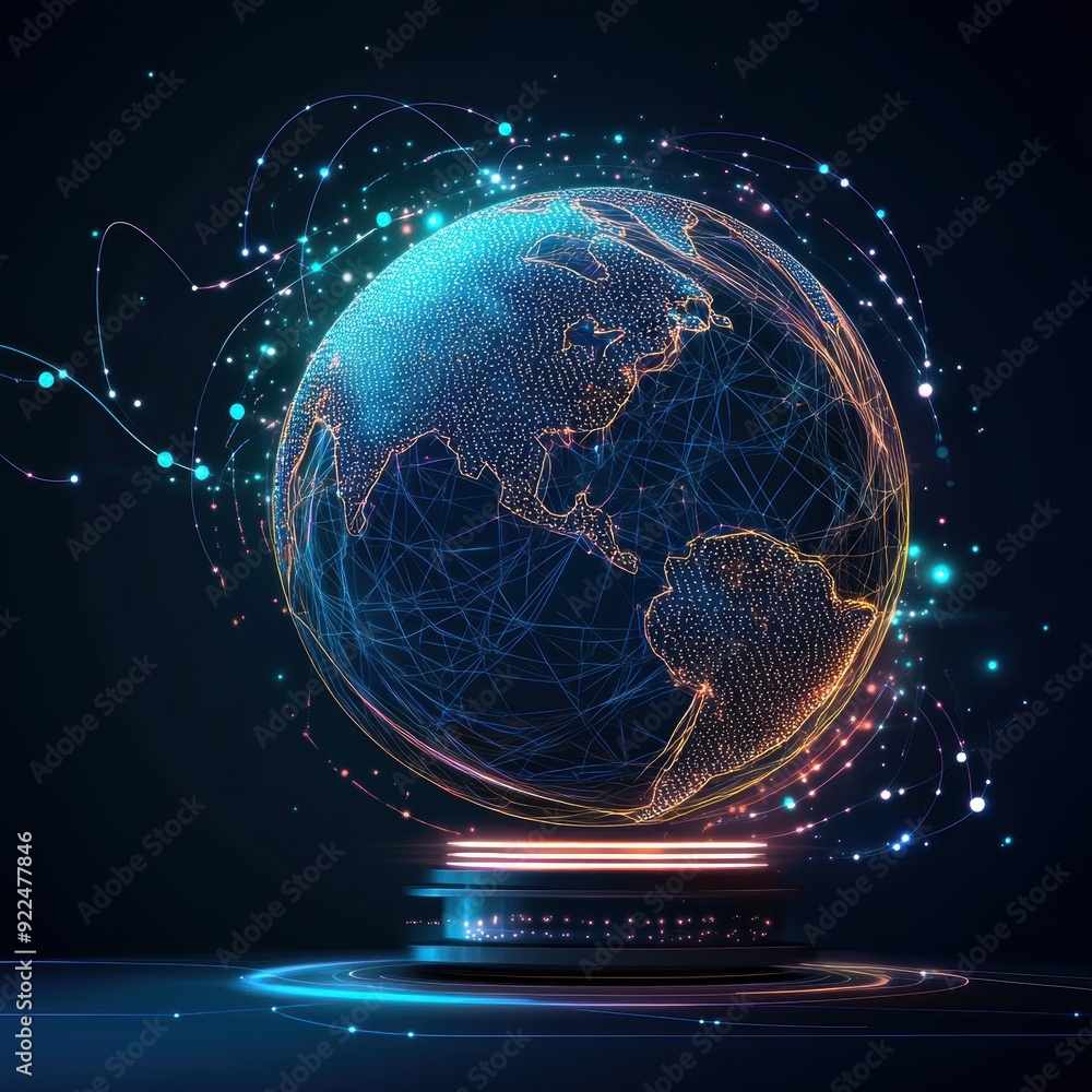 Fototapete futuristic digital globe with interconnected networks, glowing lights, and data streams symbolizing 