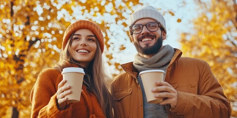 Handsome lovely woman and man couple in the fall season autumn landscape sunny day, trees and leaves background, holding hot paper glass with coffee
