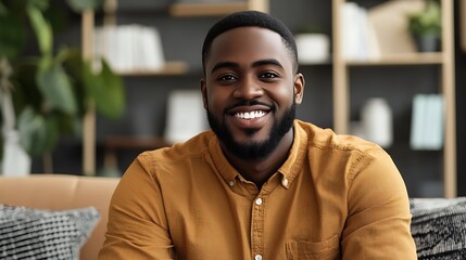 Smiling African American man on couch at home.