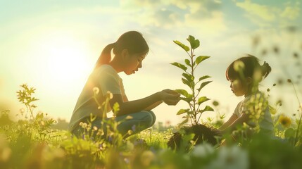 A mother and her daughter plant a sapling together in a field of green grass, with the sun shining brightly behind them.