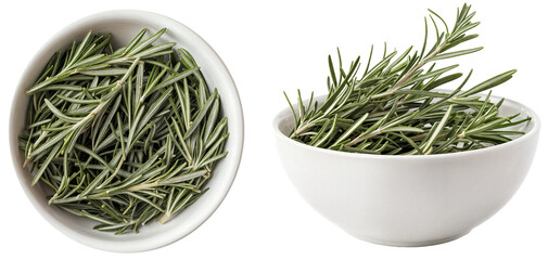 Fresh rosemary sprigs in a white bowl, showcasing aromatic herbs perfect for culinary use and natural seasoning in cooking