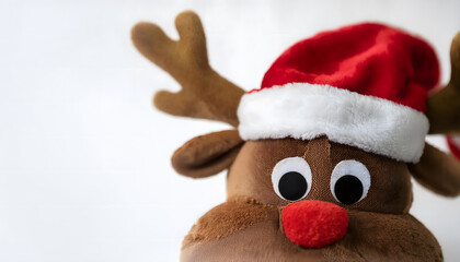 pl&uuml;sch, rentier, santa, claus, m&uuml;tze, close up, neu, wei&szlig;, isoliert, copy space, teddy, weihnachten, karte, hintergrund, weihnachtsmann, caribou, urlaub, h&uuml;bsch, braun, dekoration, weich, deer, karte,