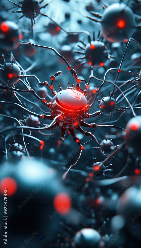 Leinwandbilder futuristic cybernetic organism network with glowing red core nodes, depicting advanced ai and techno