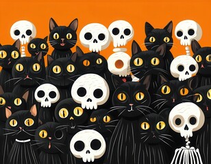A gathering of black cats with glowing eyes, blending eerie charm and playful mischief, set against a vivid Halloween backdrop.