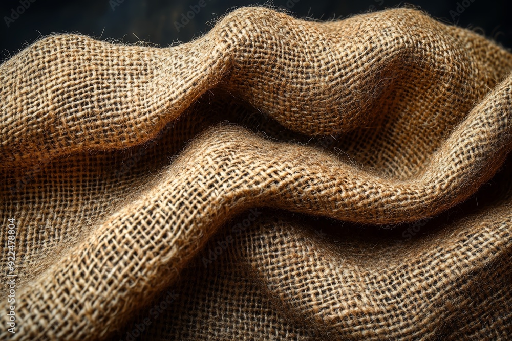Poster a close-up of textured burlap fabric draped softly on a dark background