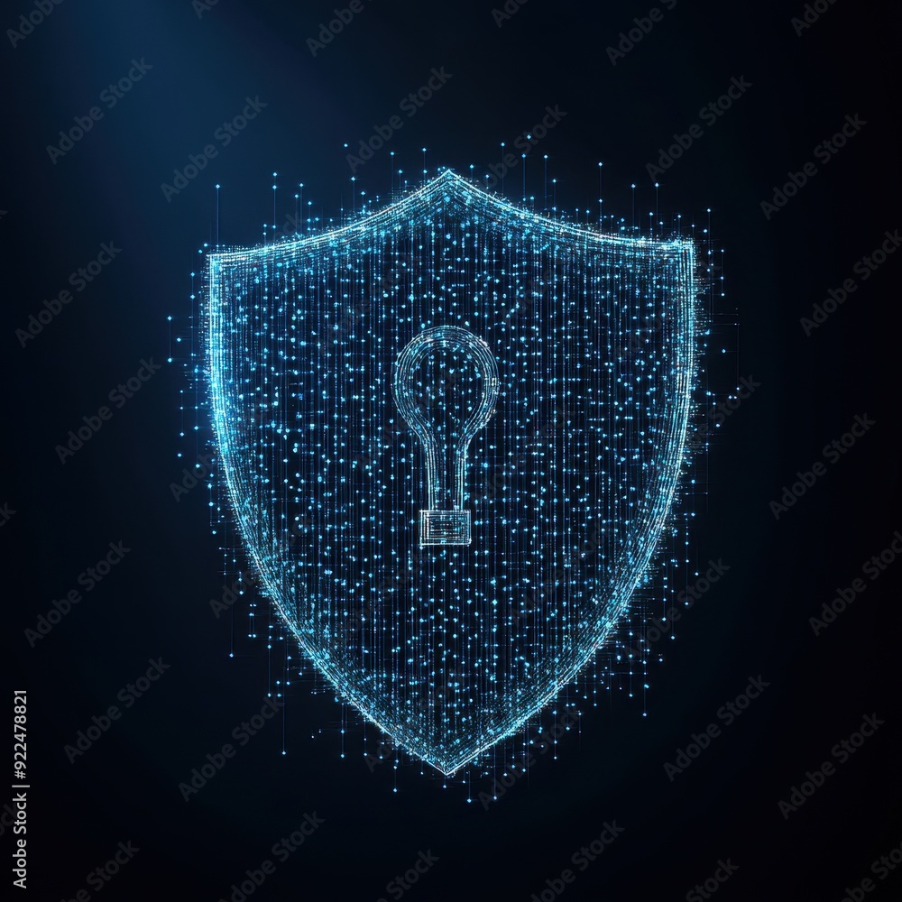 Poster digital shield with a keyhole symbol, representing cyber security and data protection, glowing in bl