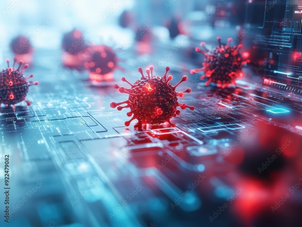 Aufkleber Digital representation of a virus spreading in a network, showcasing the concept of cyber threats and digital infections in technology.