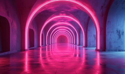 Obraz premium 3d render of abstract futuristic arch architecture with neon light,empty concrete floor.