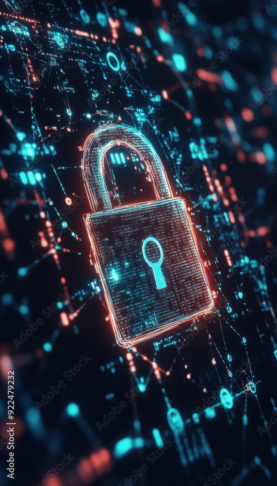 Poster digital padlock on a virtual screen representing cyber security, data protection, and online privacy