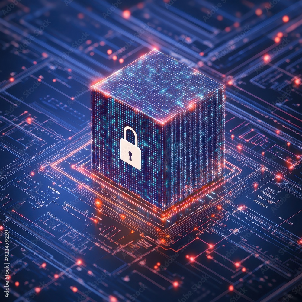 Leinwandbilder Digital lock on a glowing cube representing cybersecurity and data protection in a virtual environment.