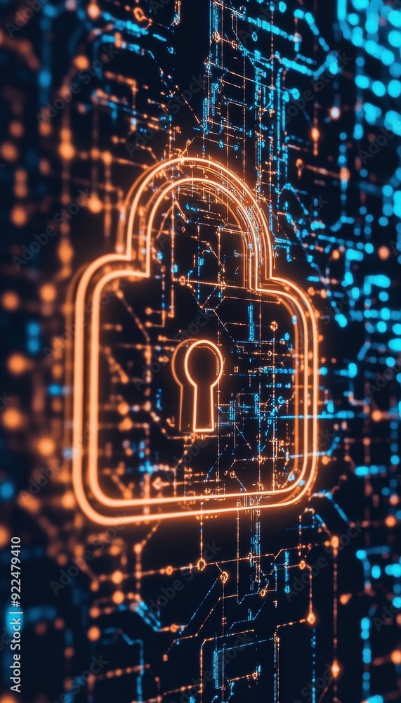 Poster digital cybersecurity concept featuring a glowing padlock against a circuit board background, repres