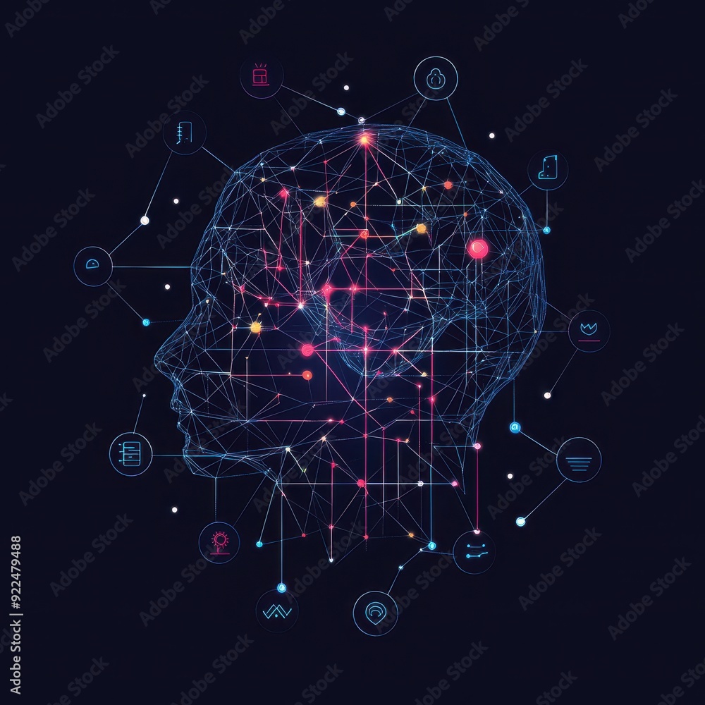 Poster digital abstract illustration of a human head with neural network connections, representing artifici