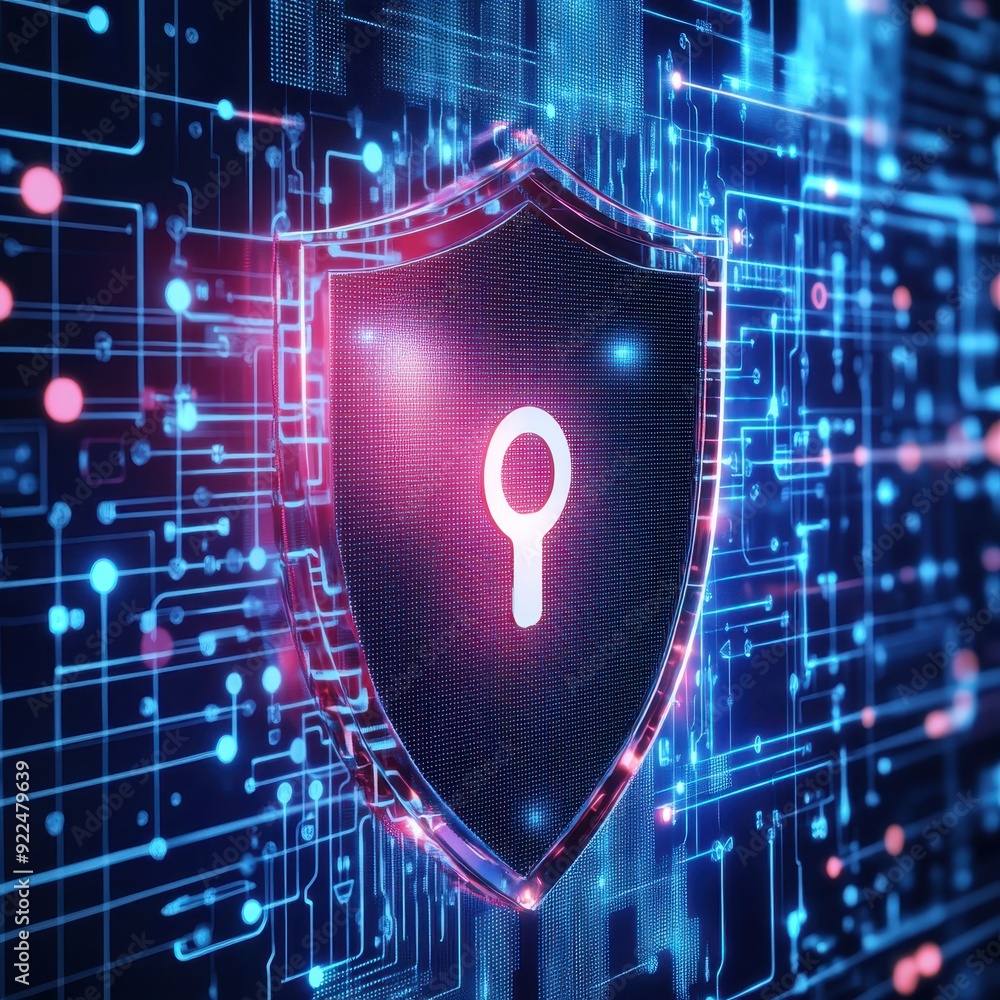 Leinwandbilder Cybersecurity concept with shield and digital key on futuristic circuit board background. Online security and data protection.