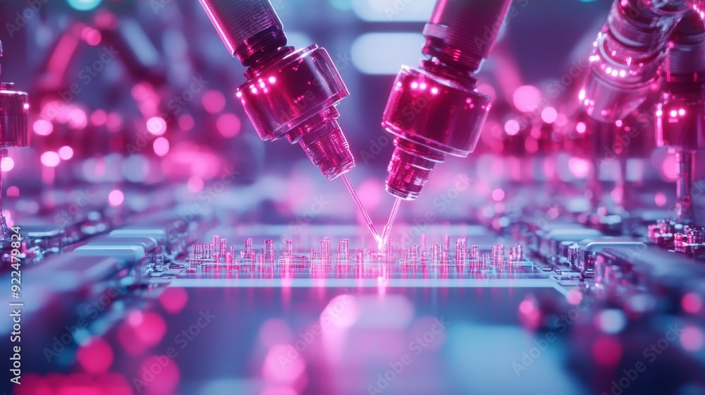 Poster Close-up of robotic arms working on a microchip in a high-tech environment with neon pink lighting.