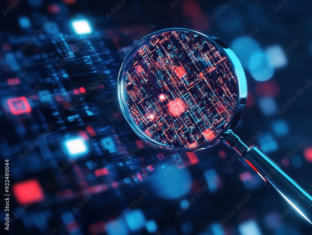 Poster close-up of a magnifying glass revealing digital data patterns, symbolizing cybersecurity, technolog