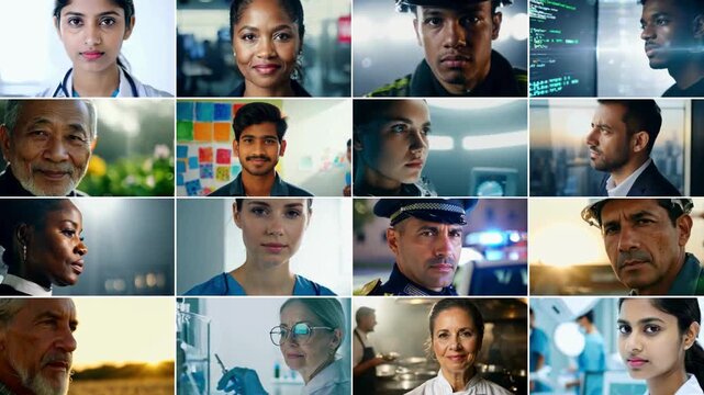 Collage Montage Composition: Diverse Different Jobs Group of Professional Work People . Police, Teacher, Nurse, Doctor, Business, Entrepreneur, Worker, Engineers, Female Astronaut, CEO.