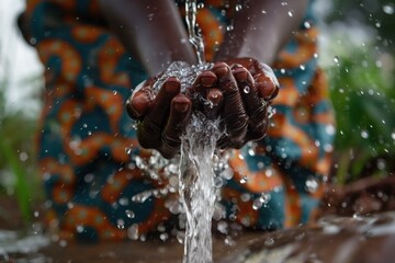 Close-up of hands cupping water from a stream, creating a cascade of droplets.