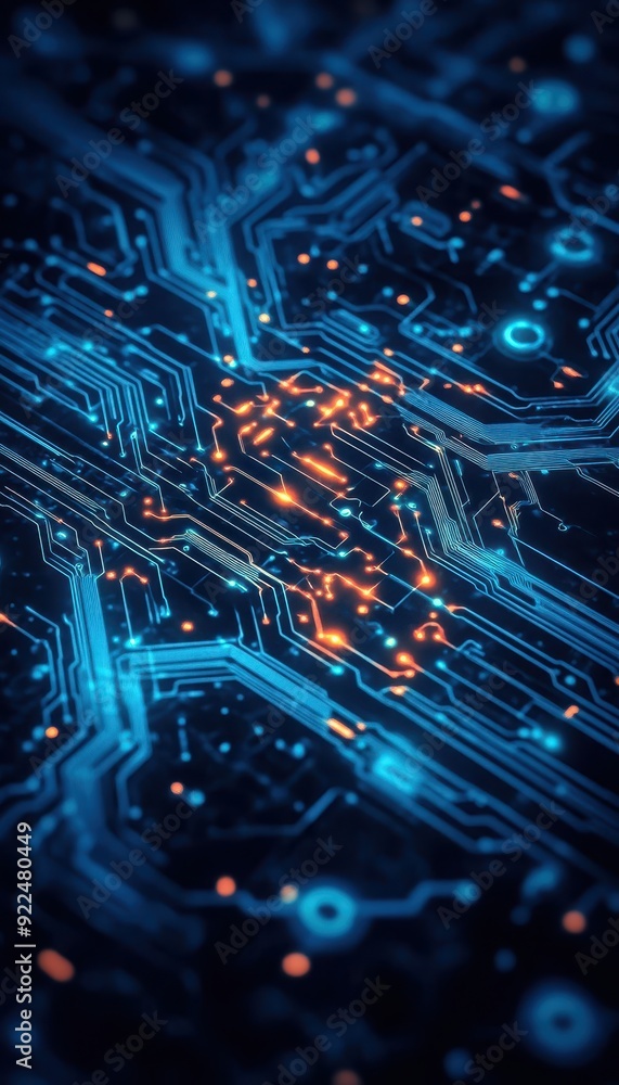 Aufkleber close-up of a futuristic circuit board with glowing blue and orange lights, representing advanced te