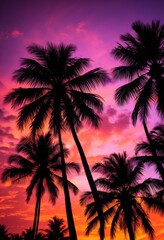 Naklejka premium palm tree silhouette vibrant sunset sky gradients purple dusk, colorful, orange, pink, nature, tropical, evening, landscape, horizon, beach, light, shadow