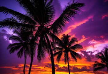 Fototapeta premium vibrant silhouettes palm trees stunning sunset backdrop rich colors dramatic sky, tropical, horizon, landscape, orange, purple, beauty, warm, exotic, scenery