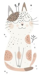 Cute cartoon cat with closed eyes and brown spots.
