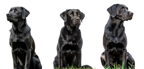Black Labrador sitting on grass isolated on white or transparent background Png