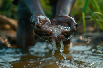 Close-up of hands cupping water from a stream, droplets falling back in.