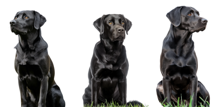 Black Labrador sitting on grass isolated on white or transparent background Png