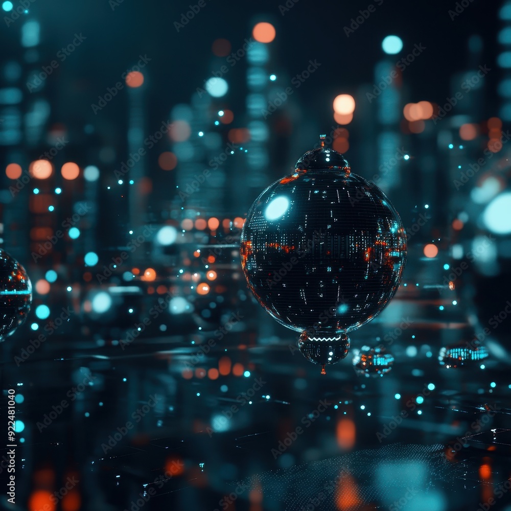 Poster Abstract futuristic cityscape with glowing bokeh lights and reflective spheres featuring a sci-fi and cyberpunk theme.