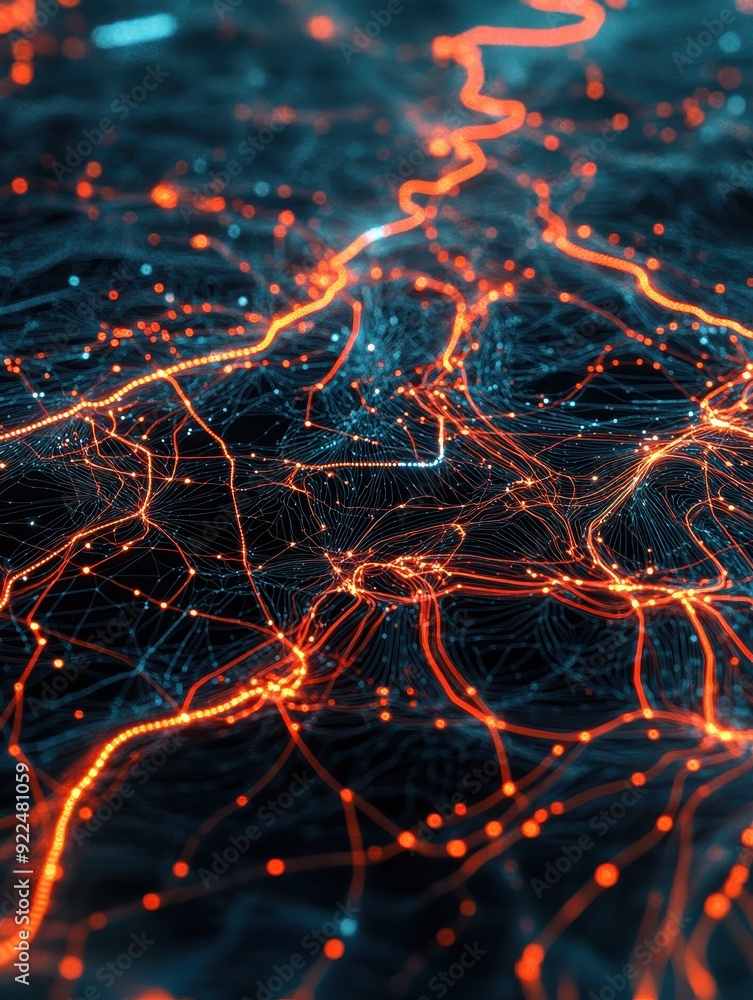 Poster Abstract futuristic neural network with glowing orange lines and nodes on a dark background, representing AI and digital connectivity.