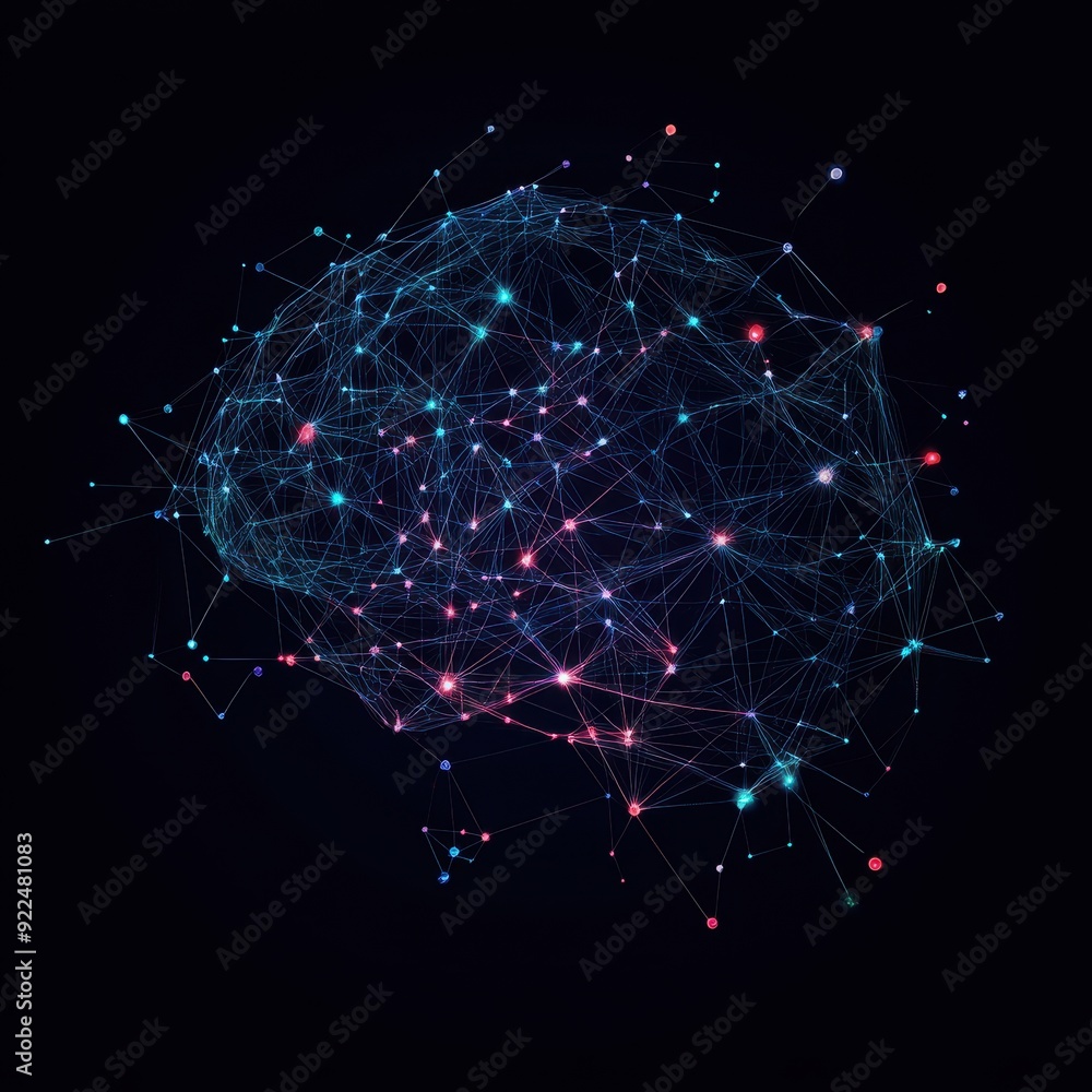 Poster abstract digital representation of a neural network as a glowing brain, artificial intelligence conc