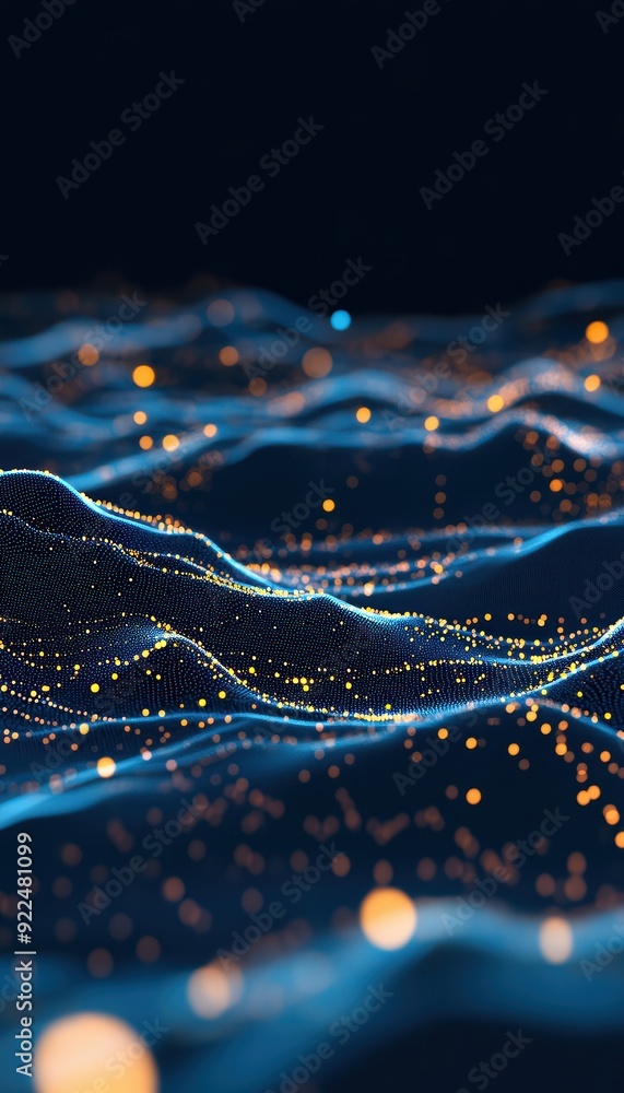 Poster abstract digital wave pattern with glowing particles on a black background, representing data flow a