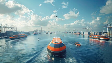 Fototapeta premium Autonomous cargo ships in a smart port, depicting the future of shipping.,