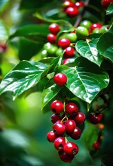 Obraz premium vibrant coffee plant leaves displaying lively berry clusters rich greenery, organic, growth, agriculture, gardening, foliage, botanical, tropical, fruit