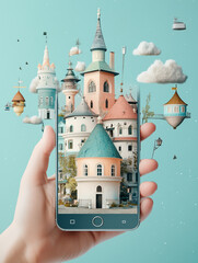 a city castle coming out of an smartphone screen in 3D