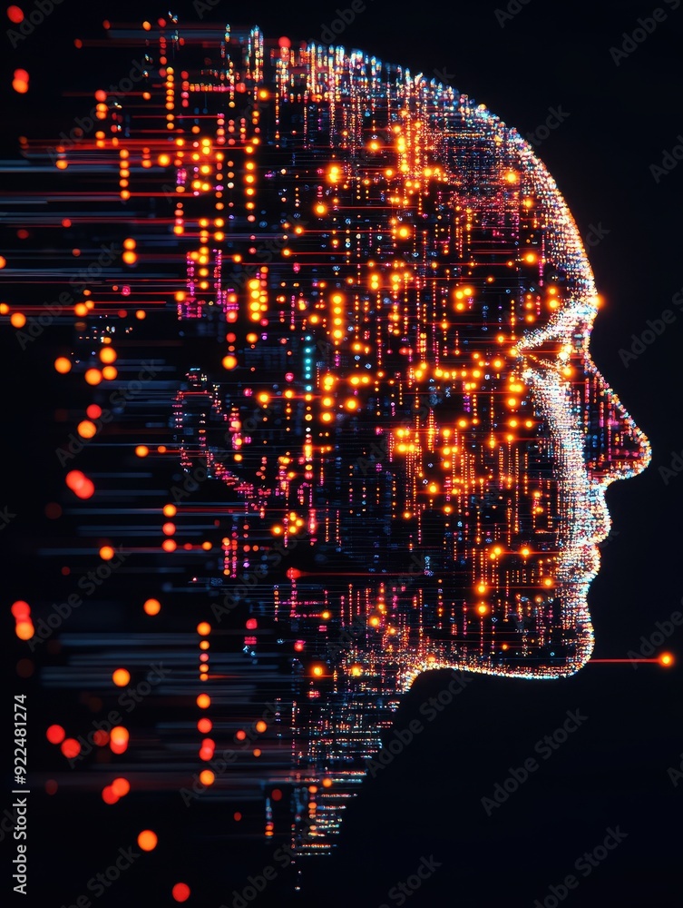 Poster abstract digital human head with glowing data streams, representing artificial intelligence, technol