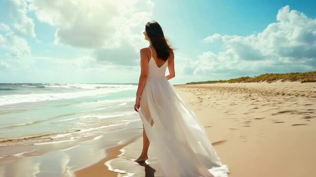 Woman in a white dress fluttering in the wind on a beach. Summertime getaway. Sand Sand Sea Sunshine Sky Beach