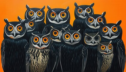 Naklejka premium A parliament of peculiar owls peers out with mesmerizing eyes. Their dark silhouettes contrast sharply against a warm orange backdrop, evoking Halloween.